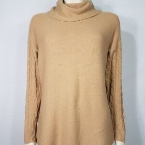 Talbots tan brown turtleneck cable knit lambswool blend sweater Large Petite